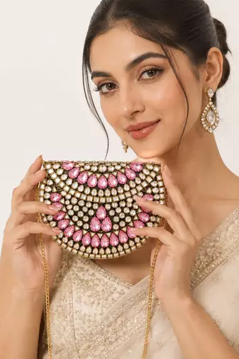 Pink gold beaded metal mosaic clutch