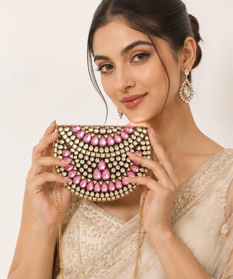 Pink gold beaded metal mosaic clutch