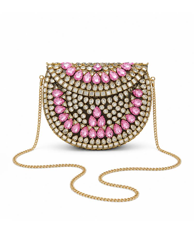 Pink gold beaded metal mosaic clutch
