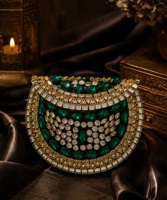 Emerald green beaded metal mosaic clutch 1