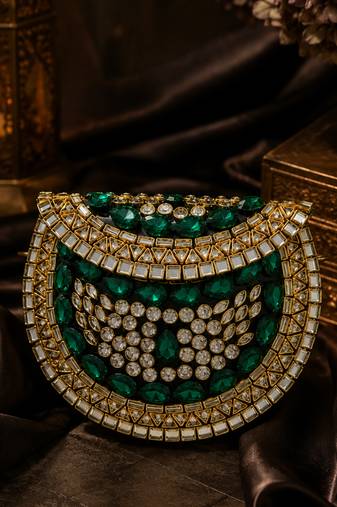 Emerald green beaded metal mosaic clutch