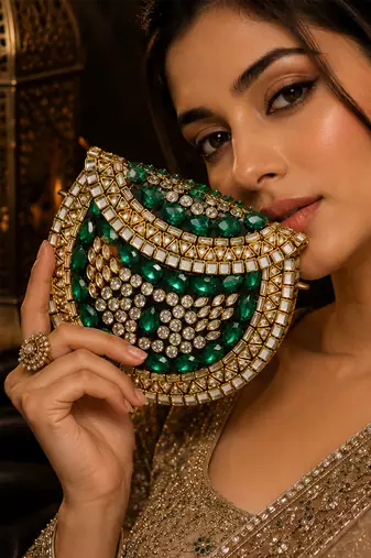 Emerald green beaded metal mosaic clutch