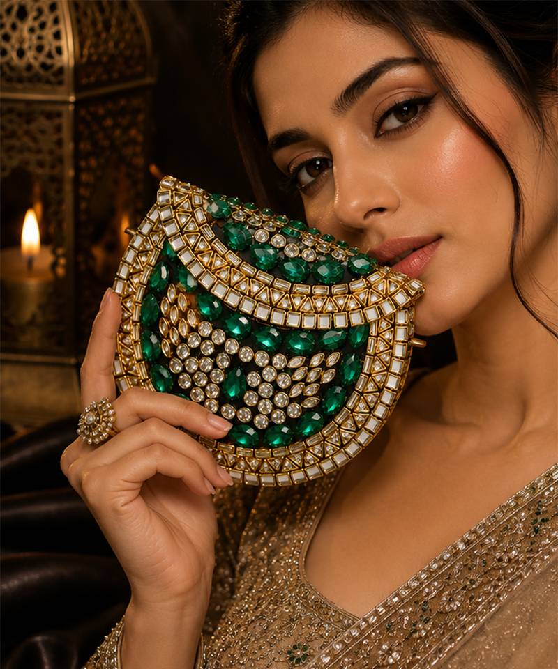 Emerald green beaded metal mosaic clutch