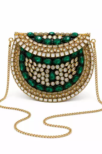 Emerald green beaded metal mosaic clutch