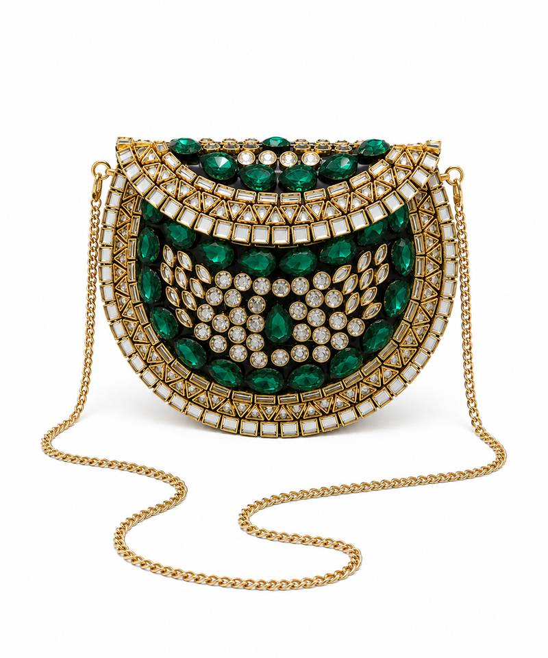Emerald green beaded metal mosaic clutch