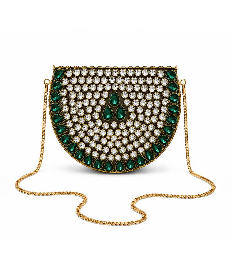 Emerald green beaded metal mosaic clutch