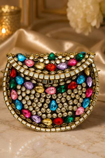 Multicolor beaded metal mosaic clutch