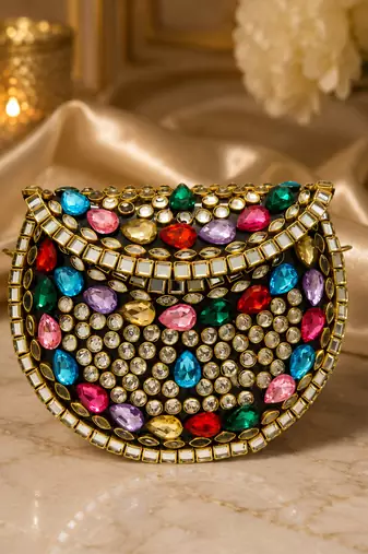 Multicolor beaded metal mosaic clutch