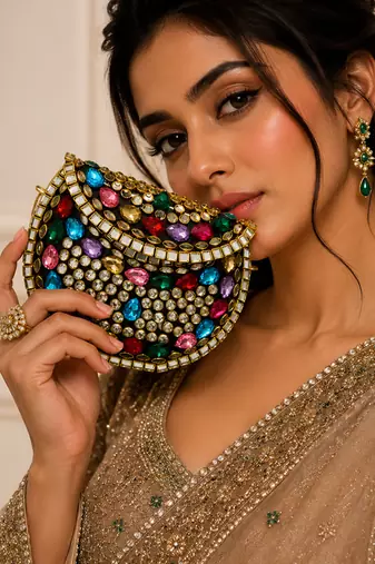 Multicolor beaded metal mosaic clutch