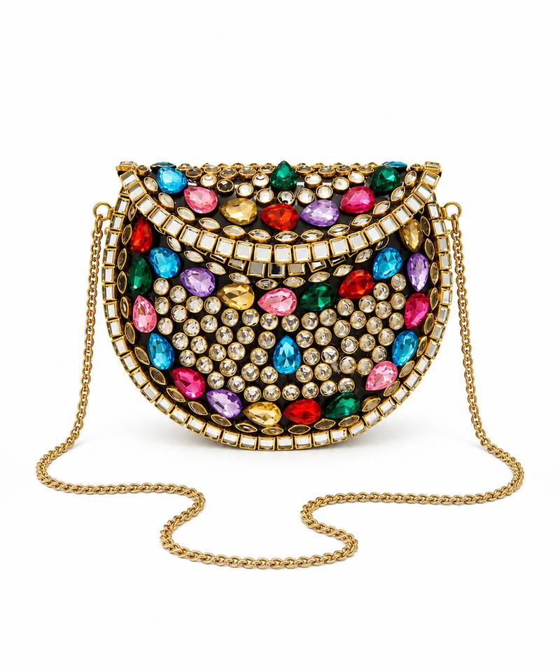 Multicolor beaded metal mosaic clutch