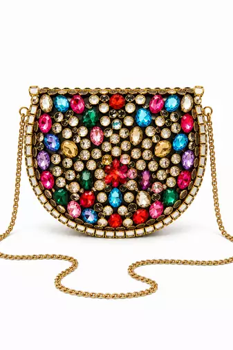 Multicolor beaded metal mosaic clutch