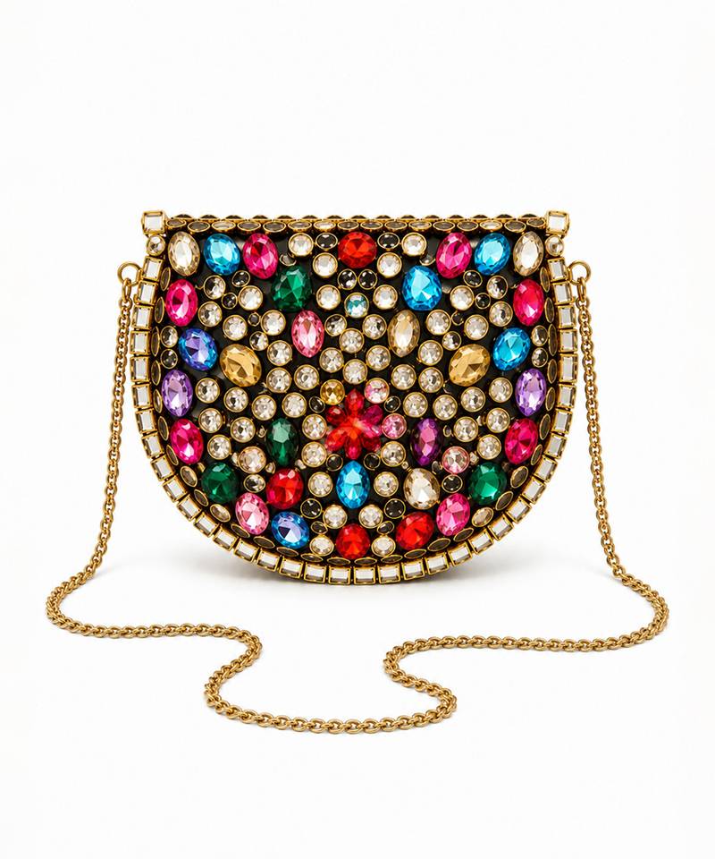 Multicolor beaded metal mosaic clutch