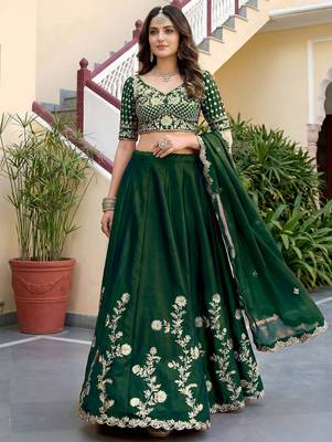 Charming Green Thread Work Silk blend Mehendi Wear Lehenga Choli With Dupatta 2