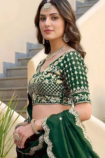 Charming Green Thread Work Silk blend Mehendi Wear Lehenga Choli With Dupatta