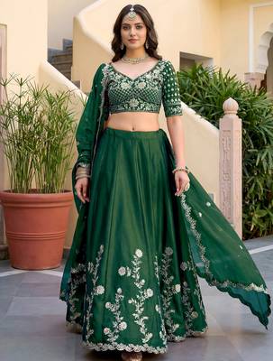 Charming Green Thread Work Silk blend Mehendi Wear Lehenga Choli With Dupatta 4