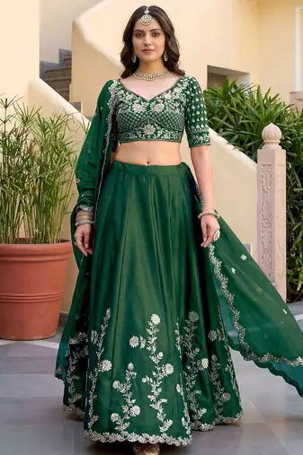 Charming Green Thread Work Silk blend Mehendi Wear Lehenga Choli With Dupatta