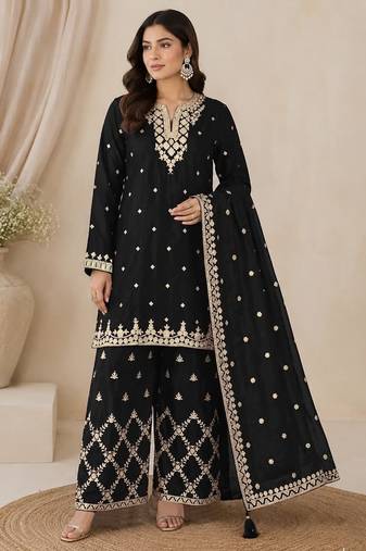 Black heavy chinon embroidered palazzo suit with dupatta