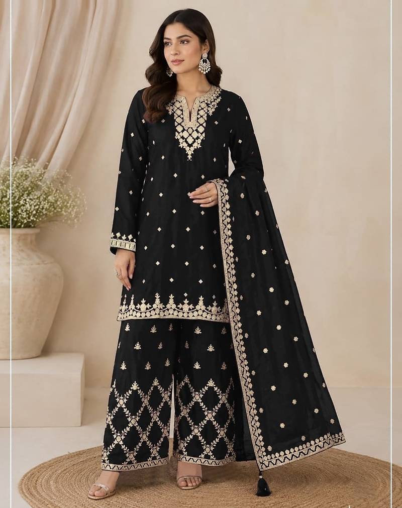 Black heavy chinon embroidered palazzo suit with dupatta