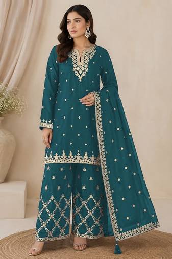 Teal blue heavy chinon embroidered palazzo suit with dupatta