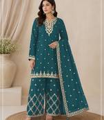 Teal blue heavy chinon embroidered palazzo suit with dupatta