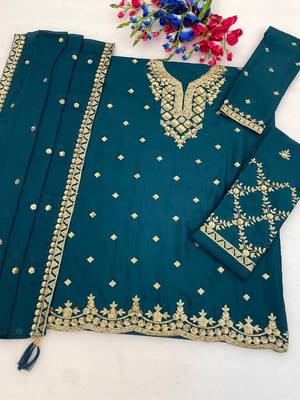 Teal blue heavy chinon embroidered palazzo suit with dupatta 2