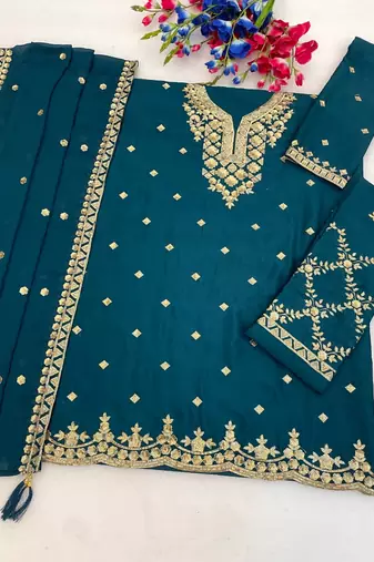 Teal blue heavy chinon embroidered palazzo suit with dupatta
