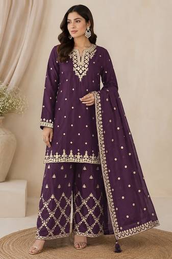 Purple heavy chinon embroidered palazzo suit with dupatta