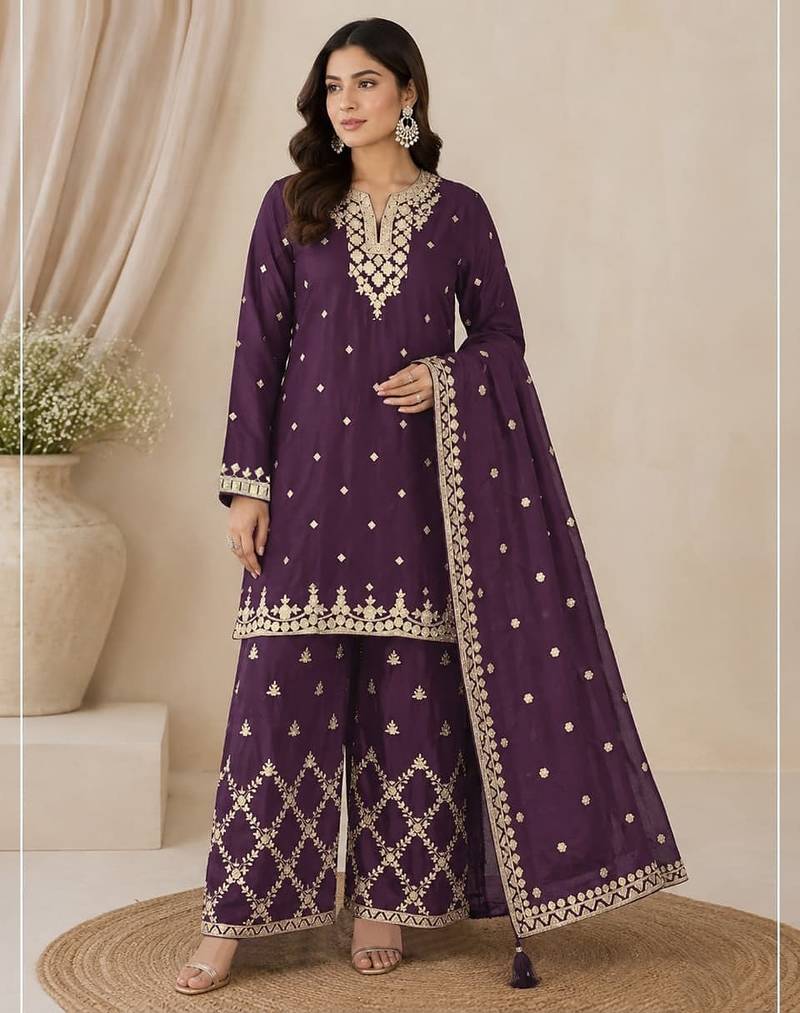 Purple heavy chinon embroidered palazzo suit with dupatta