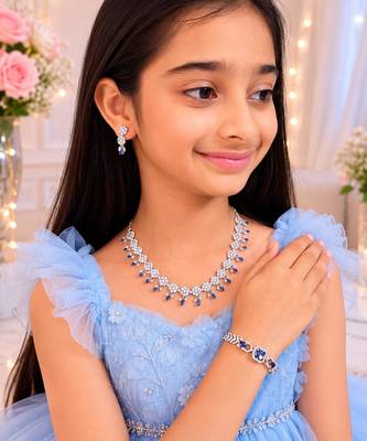 Royal blue american diamond necklace set with adjustable bracelet for women and girls. 1
