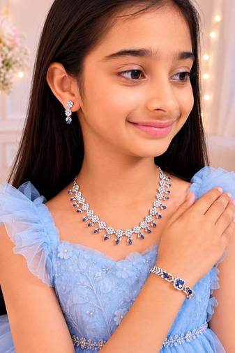 Royal blue american diamond necklace set with adjustable bracelet for women and girls.