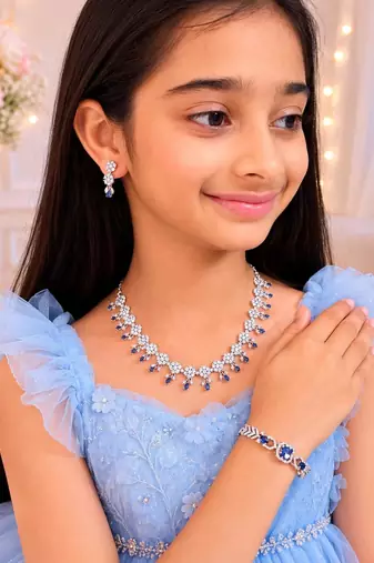 Royal blue american diamond necklace set with adjustable bracelet for women and girls.