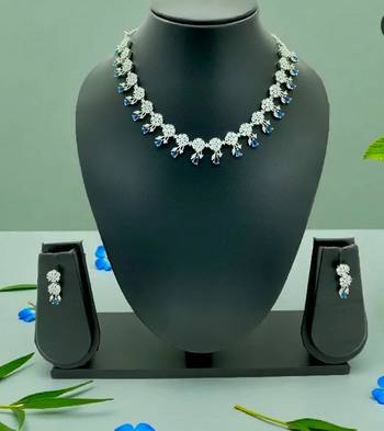 Royal blue american diamond necklace set with adjustable bracelet for women and girls. 2