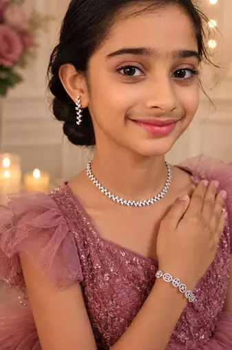 Dainty dew american diamond necklace set with adjustable bracelet for women and girls.