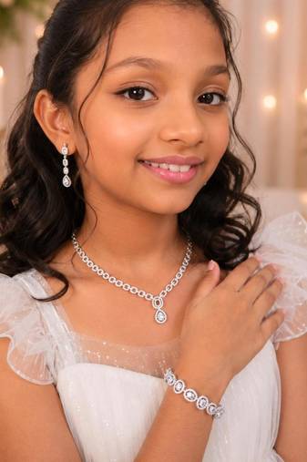 Moonlight teardrop american diamond necklace set with adjustable bracelet for women and girls.