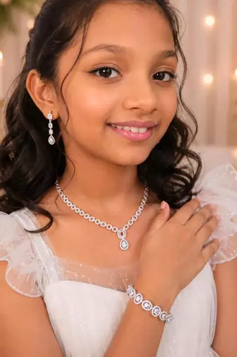 Moonlight teardrop american diamond necklace set with adjustable bracelet for women and girls.