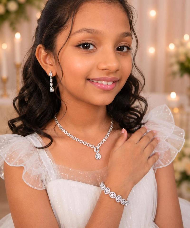Moonlight teardrop american diamond necklace set with adjustable bracelet for women and girls.
