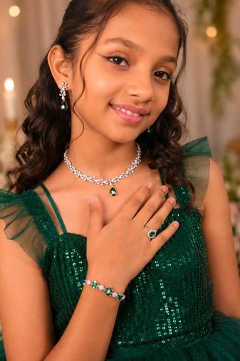 Green american diamond necklace set with adjustable bracelet and ring for women and girls.