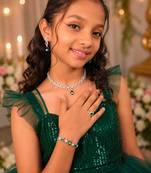 Green american diamond necklace set with adjustable bracelet and ring for women and girls.