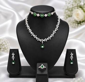 Green american diamond necklace set with adjustable bracelet and ring for women and girls. 2