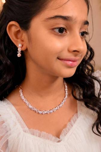 Regal radiance rose gold plated american diamond necklace set for women and girls.