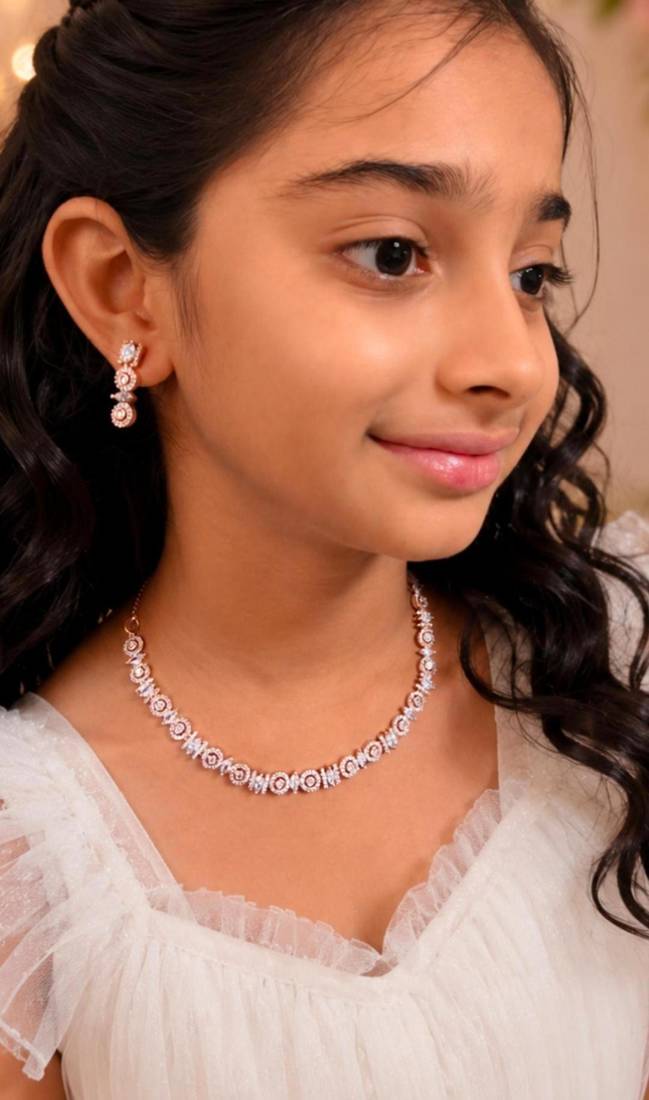 Regal radiance rose gold plated american diamond necklace set for women and girls.