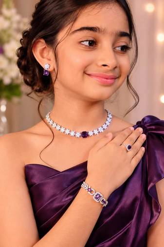 Purple star american diamond necklace set with adjustable bracelet for women and girls.