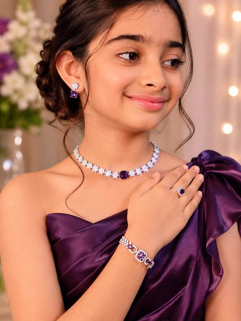 Purple star american diamond necklace set with adjustable bracelet for women and girls.