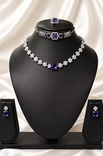 Purple star american diamond necklace set with adjustable bracelet for women and girls.