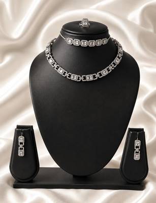 Silver american diamond necklace set with adjustable bracelet for women and girls. 2