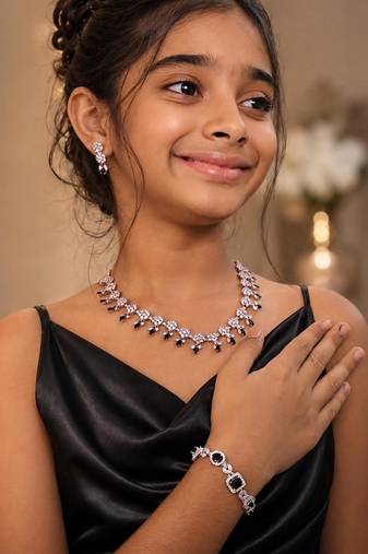 Black american diamond necklace set with adjustable bracelet for women and girls.
