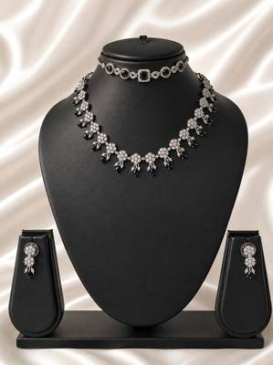 Black american diamond necklace set with adjustable bracelet for women and girls. 2