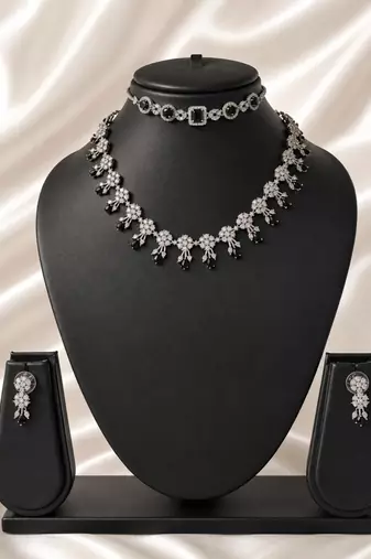 Black american diamond necklace set with adjustable bracelet for women and girls.