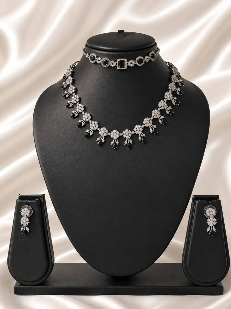 Black american diamond necklace set with adjustable bracelet for women and girls.