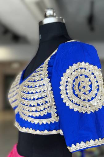 Royal blue silk blend embroidered blouse